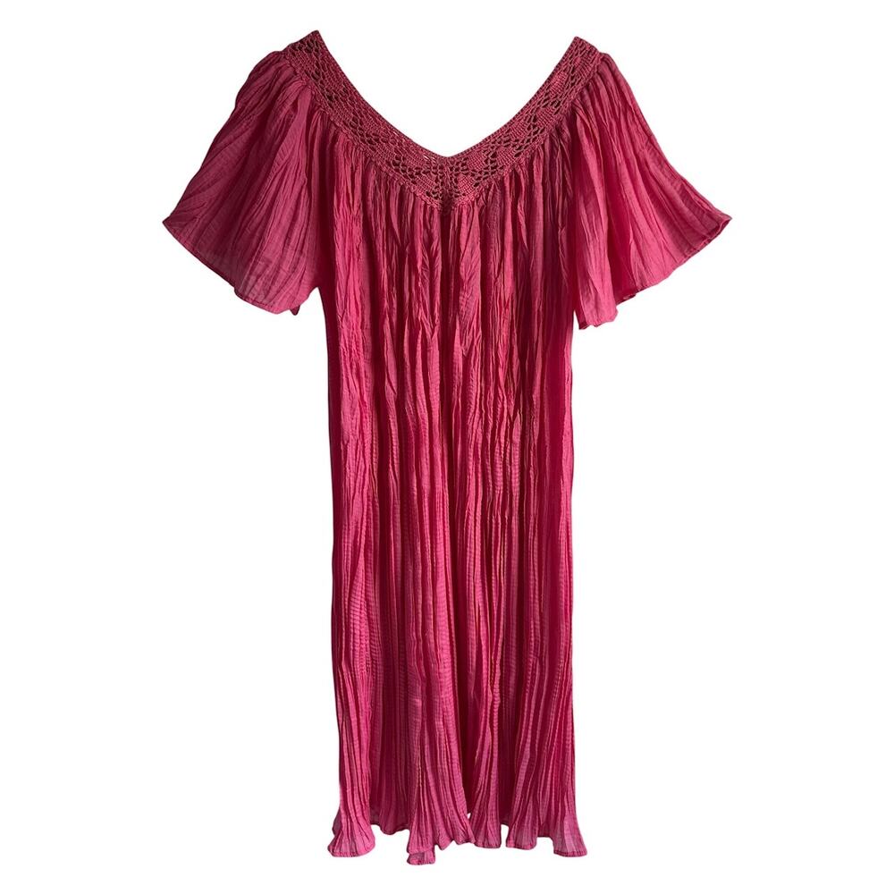 Vintage Chandni Onesize Pink Crinkle Caftan Midi Dress Crocheted Yoke V Neckline